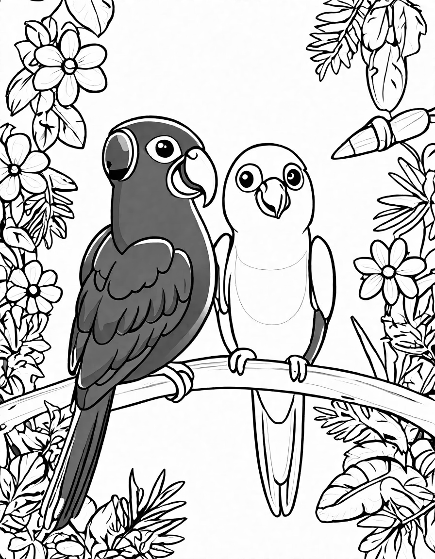 coloring page featuring diverse, vibrant parrots in a lush rainforest setting in black and white