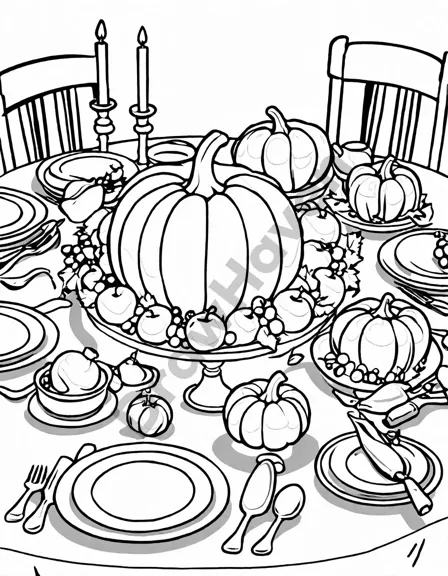 Coloring book image of family preparing thanksgiving table with autumn decorations, pumpkins, fruit, and pies in black and white