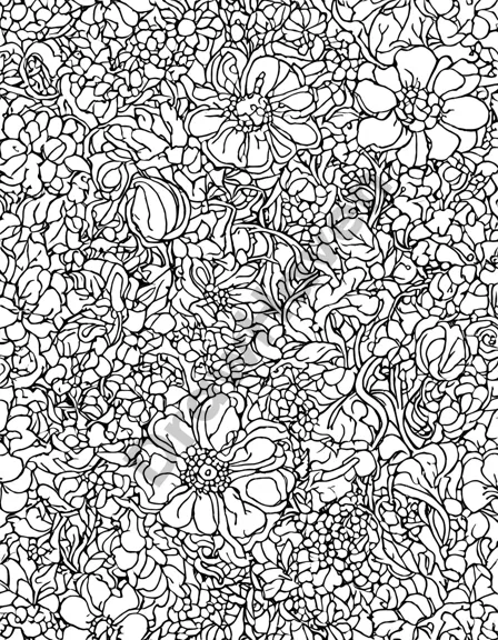 enchanted forest of wildflowers coloring book with intricate floral designs, vines, and vibrant blossoms for artists and nature lovers in black and white