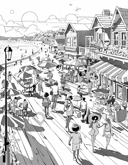 colorful beach vacation coloring book scene with families, shops, and a lively boardwalk in black and white
