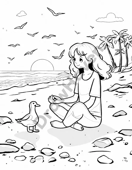 tranquil poses by the ocean coloring book illustration of various yoga poses on a sandy beach at sunset in black and white
