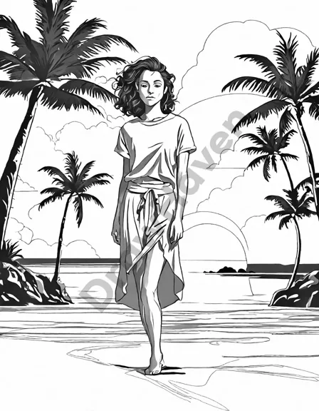 tropical beach yoga coloring page at dawn with a serene figure in a yoga pose by the ocean and palm trees, perfect for relaxation in black and white