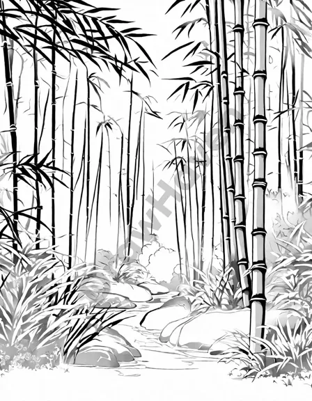 Coloring book image of serene bamboo forest with vibrant green leaves under the gentle rain in black and white