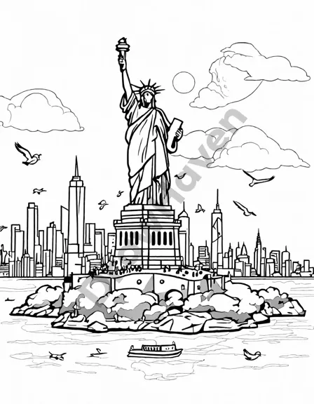 coloring book page of the statue of liberty with seagulls, new york harbor, and manhattan skyline in black and white