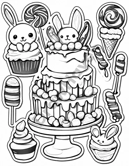 Coloring book image of candy land celebration with confectionery creatures, cupcake houses, and a chocolate fountain in black and white