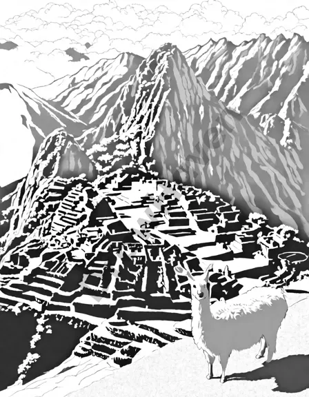 coloring page of machu picchu, the lost city of the incas, surrounded by terraced fields in black and white