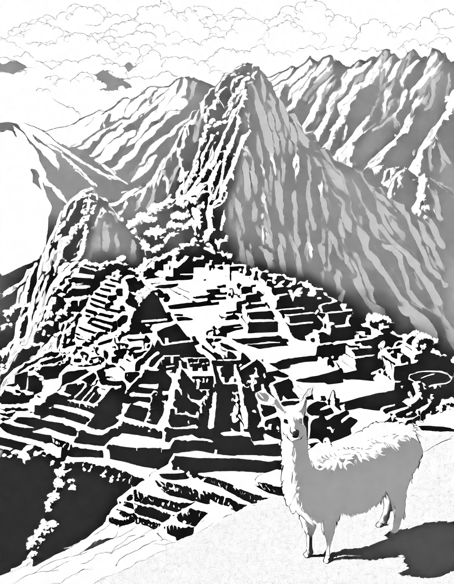 coloring page of machu picchu, the lost city of the incas, surrounded by terraced fields in black and white