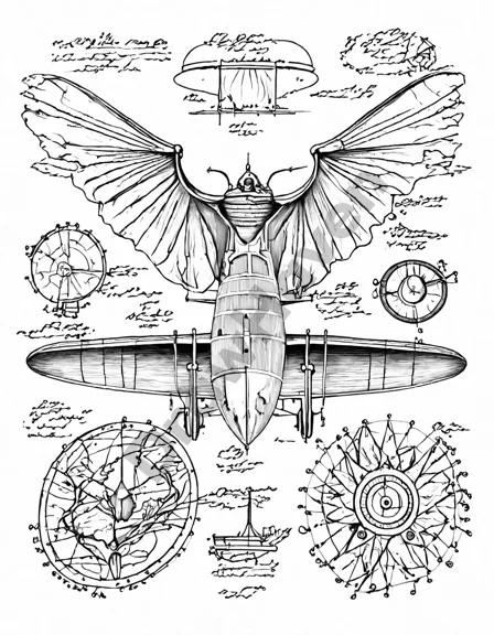 coloring book page featuring leonardo da vinci's anatomical sketches and flying machines in black and white