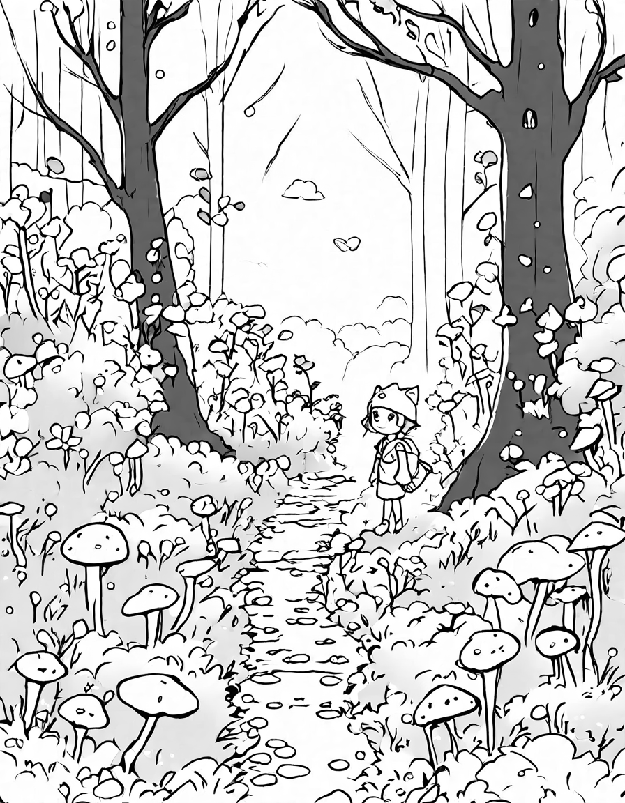 Coloring book image of illustration of a mystical forest shrouded in mist for wandering through the enchanted mist in black and white