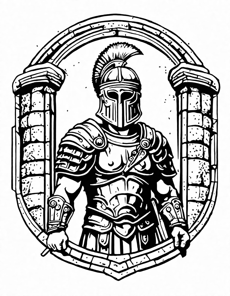 Coloring book image of gladiators in traditional armor facing off in the roman colosseum, surrounded by cheering spectators, with detailed shields, helmets, and swords in black and white