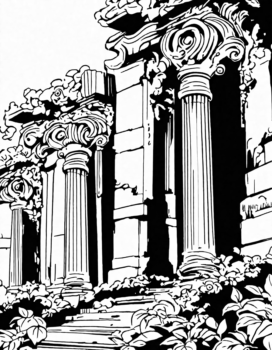detailed coloring page of classic corinthian columns with acanthus leaf design, ideal for history buffs interested in ancient architecture in black and white