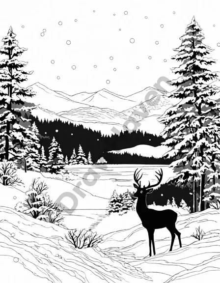 coloring page of a serene winter wonderland with snowflakes, evergreens, cottages, a frozen lake, and a deer in black and white