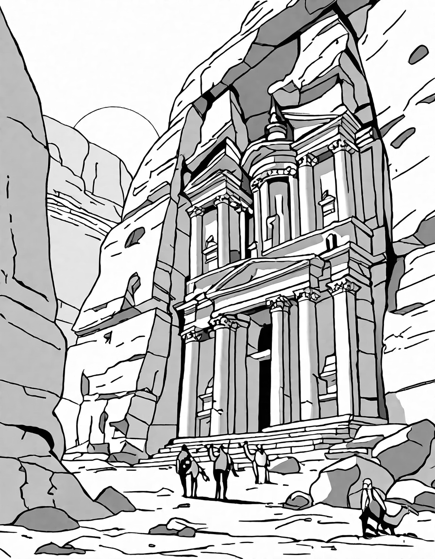 coloring page of petra's al-khazneh with intricate details for artistic coloring in black and white
