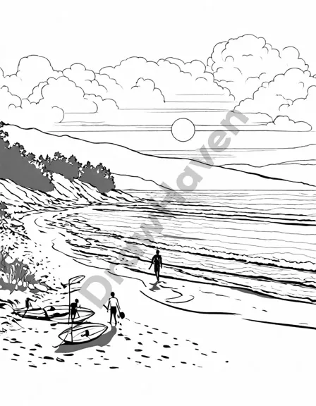 surf's up at dawn coloring page depicting surfers, sunrise over the sea, and seagulls in black and white