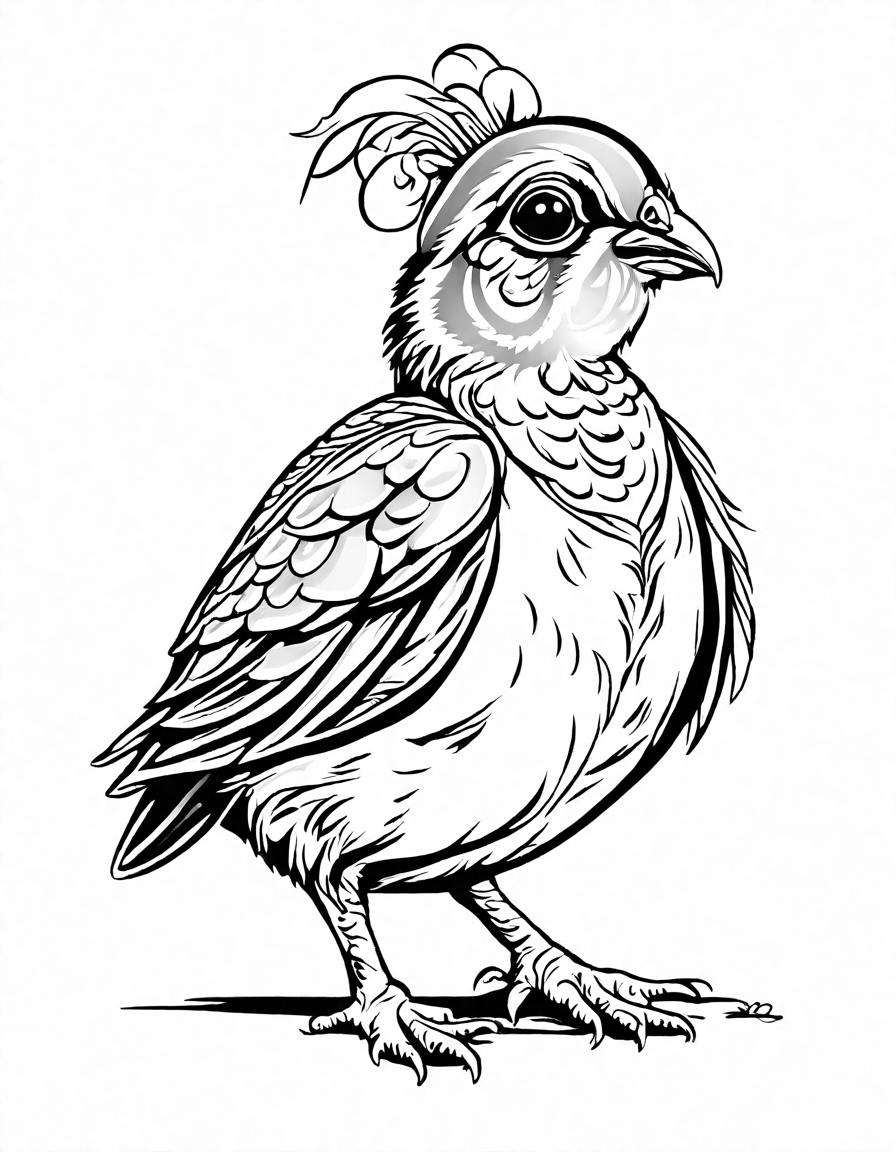 giant quail coloring page with intricate details for crayons or digital coloring fun in black and white