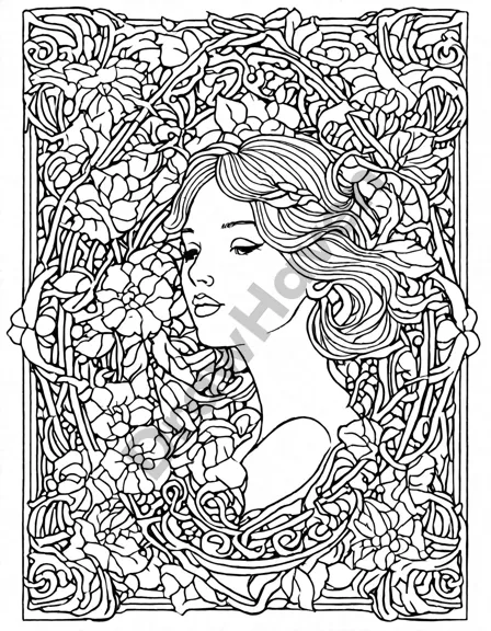 Coloring book image of art nouveau garden with intricate latticework, graceful tendrils, delicate leaves, and blooming flowers invites tranquility and creativity in black and white