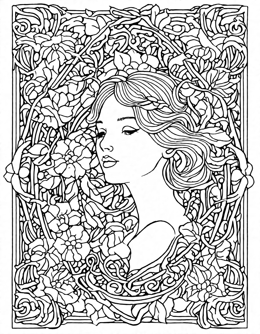 Coloring book image of art nouveau garden with intricate latticework, graceful tendrils, delicate leaves, and blooming flowers invites tranquility and creativity in black and white