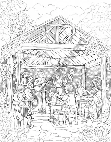 coloring page of a lively barn dance featuring musicians playing banjos and people dancing in black and white