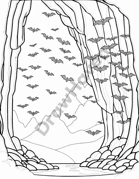 bats hanging in cave coloring page showcasing bats roosting in a detailed cave interior in black and white