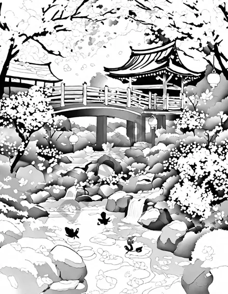 Coloring book image of japanese garden springtime beauty, with cherry blossoms and orange lanterns in black and white