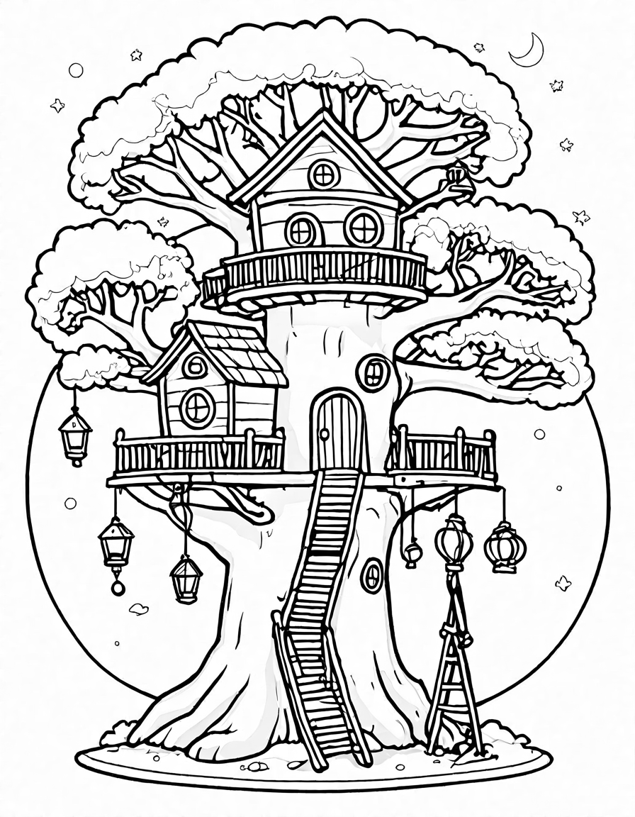 Coloring book image of enchanting treehouse in an ancient forest with a telescope for stargazing, surrounded by lanterns in black and white