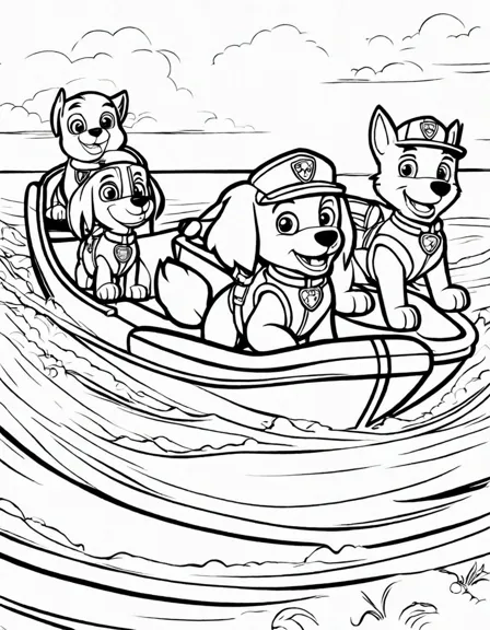 Coloring book image of paw patrol pups zuma, rubble, and skye rescue on the beach while chase keeps watch in black and white