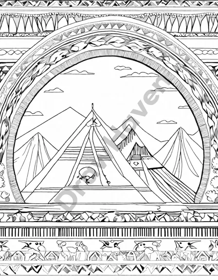 native american art coloring page featuring woven baskets and blankets with intricate patterns and nature-inspired designs in black and white