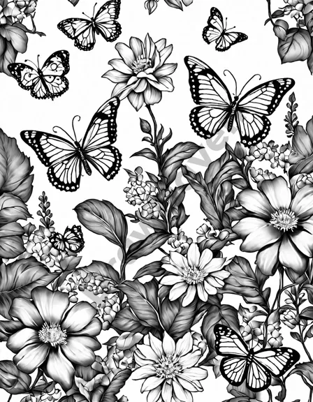 intricate coloring page of a secret garden with flowers and butterflies in black and white