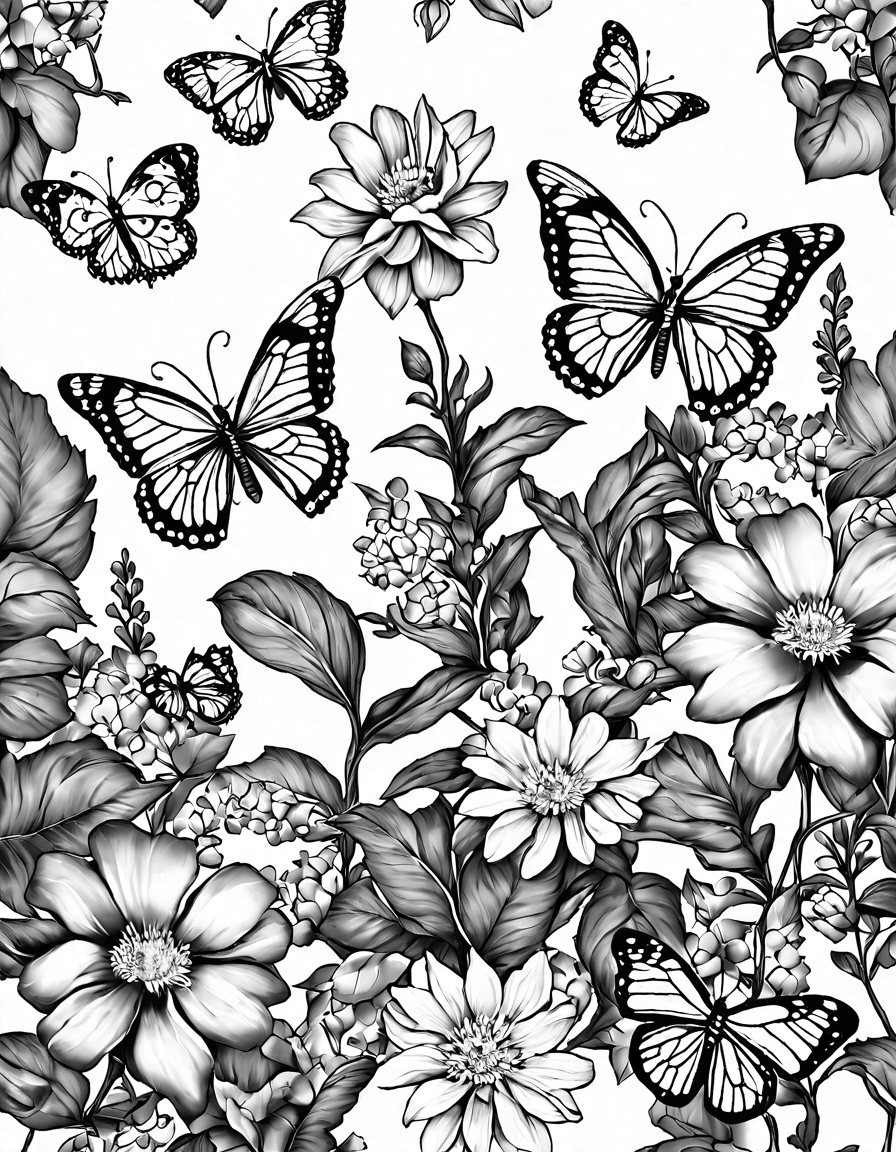 intricate coloring page of a secret garden with flowers and butterflies in black and white