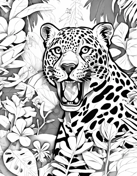 coloring page featuring rainforest animals, including a jaguar, macaw, sloth, ants, and a python in their habitat in black and white