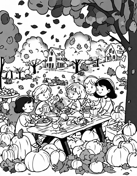 coloring page of an outdoor autumn festival with families, games, and thanksgiving-themed decorations in black and white