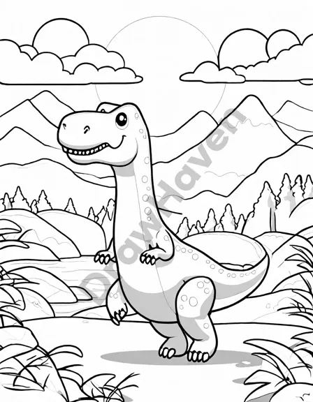 Coloring book image of illustration of dinosaurs migrating across prehistoric landscapes at sunset in black and white