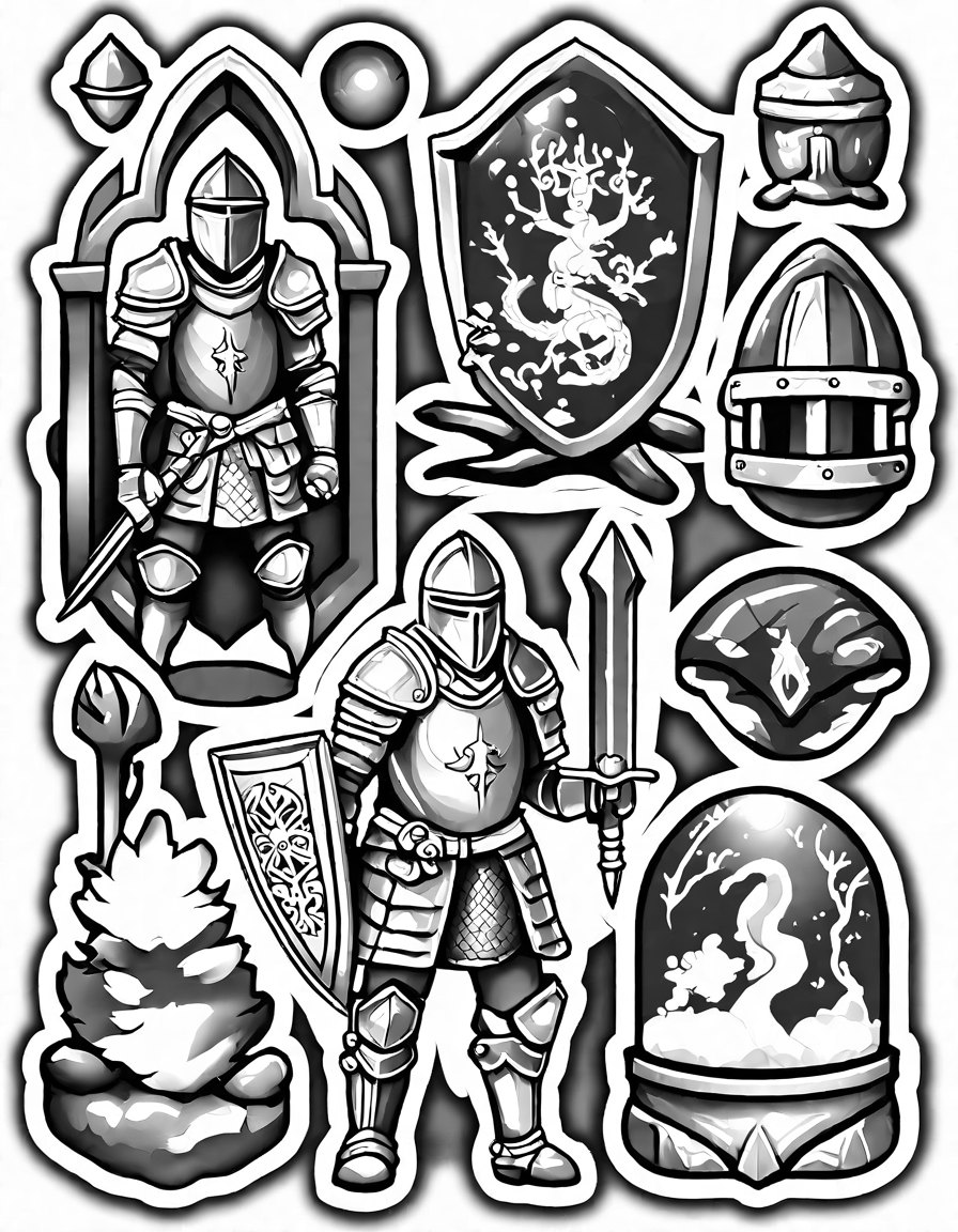 medieval knights guard dragon eggs in an enchanted forest coloring book page in black and white