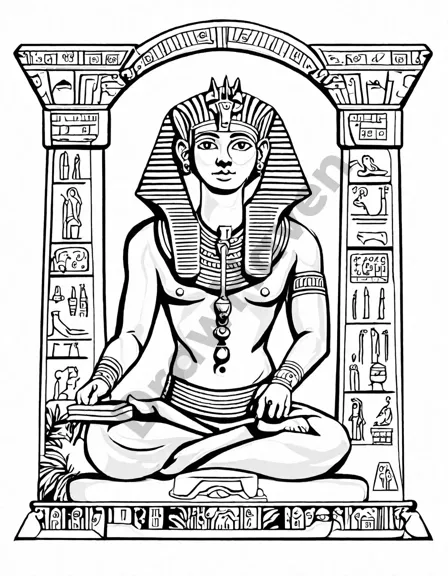 coloring page of ancient egyptian craftsmen in pharaoh's workshop with hieroglyphic walls in black and white