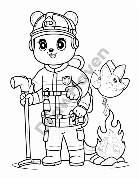 Coloring book image of volunteer firefighters preparing to battle a wildfire, checking equipment amidst flames in black and white