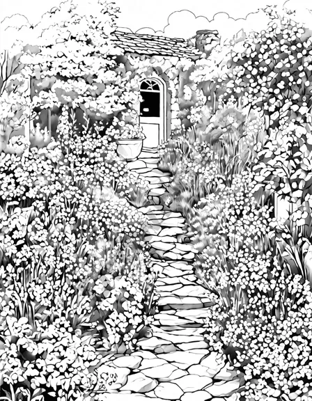 mystical coloring page featuring a secret herb garden path surrounded by rosemary, basil, thyme, and delicate flowers in black and white