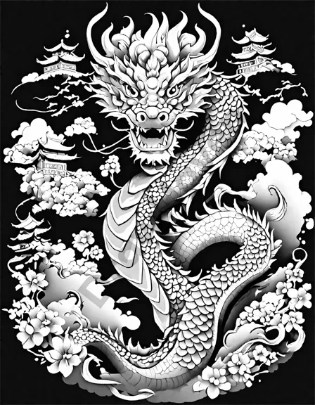 a coloring page of the ancient chinese dragon parade with intricate details and vibrant colors, dancers, musicians, and awe-inspired villagers in black and white
