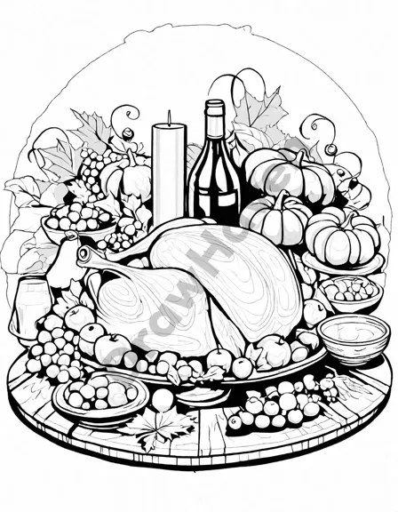 Coloring book image of illustration of a thanksgiving feast with diverse characters raising glasses in celebration in black and white