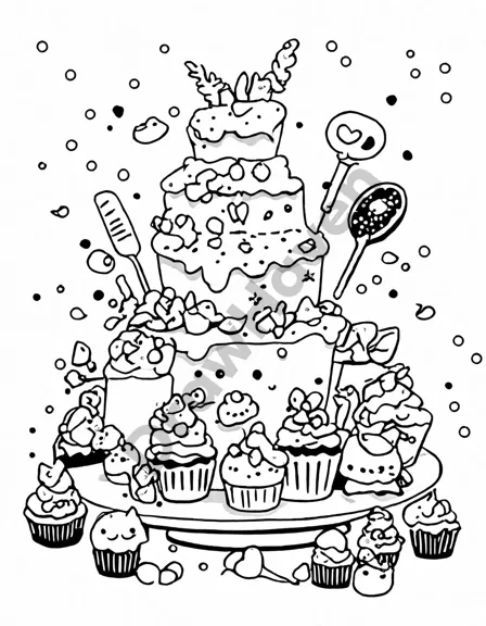 whimsical kitchen coloring page with vibrantly decorated cupcakes and magical tools in black and white