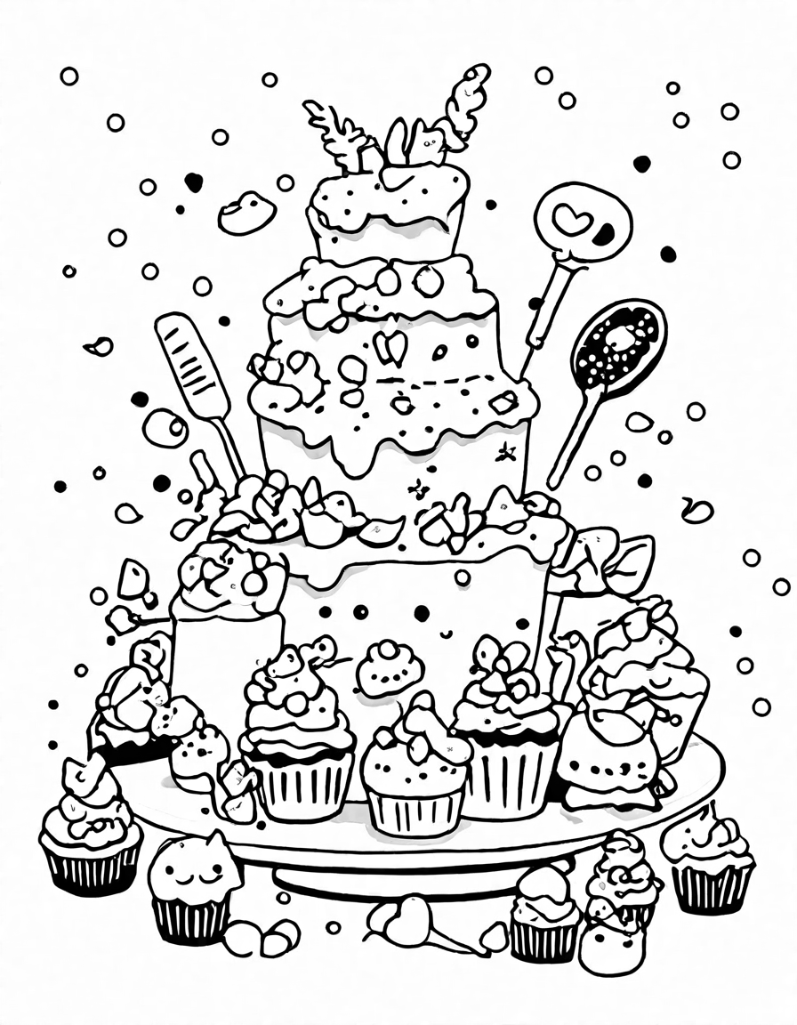 whimsical kitchen coloring page with vibrantly decorated cupcakes and magical tools in black and white