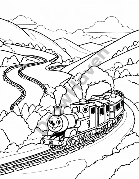 Coloring book image of thomas and gordon race on the island of sodor from the beloved children's show, thomas the tank engine in black and white