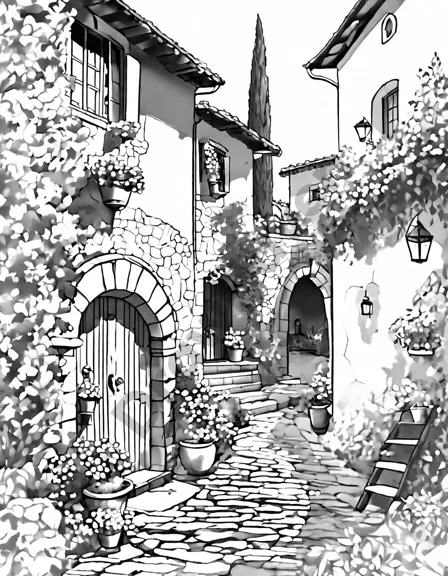 tuscan villa coloring page with stone walls, terracotta roofs, colorful flowers, and rolling hills to bring italian charm to life in black and white