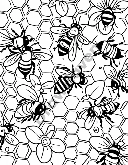 intricate coloring page of a bustling honeycomb teeming with bees, capturing the sweet harmony of nature's teamwork in black and white
