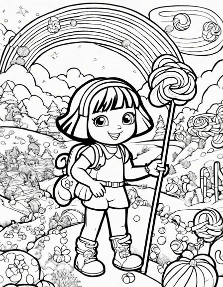 dora and boots on a sweet candy land adventure coloring page in black and white