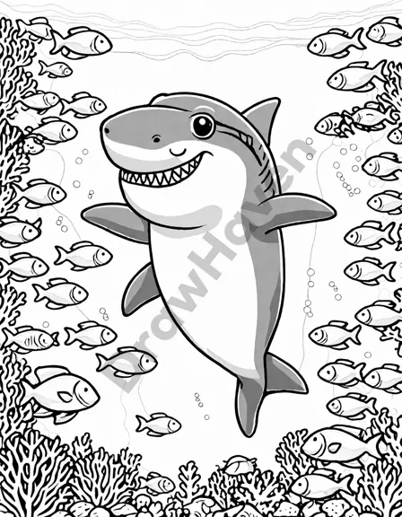 coloring page of divers with a great white shark surrounded by a coral reef and marine life in black and white