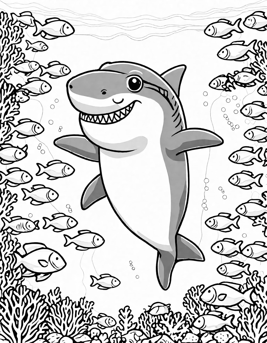 coloring page of divers with a great white shark surrounded by a coral reef and marine life in black and white
