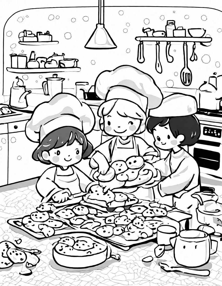 family of four baking together in kitchen with dough and cookie cutters on coloring page in black and white