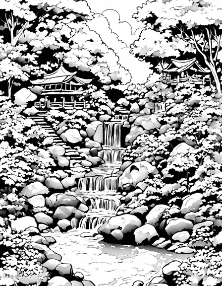enchanting japanese garden coloring page with serene waterfalls amidst lush greenery in black and white