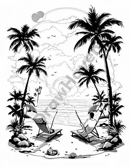 tropical beach bonfire at sunset with stones and people, palm trees in the background. ideal coloring page scene in black and white