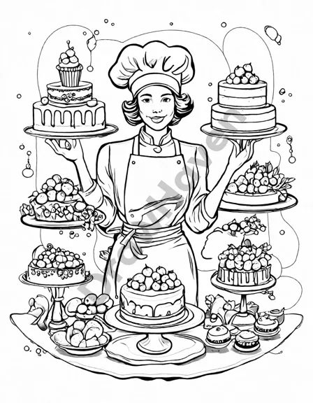 coloring book image of a pastry chef with cakes and pastries in a kitchen scene in black and white